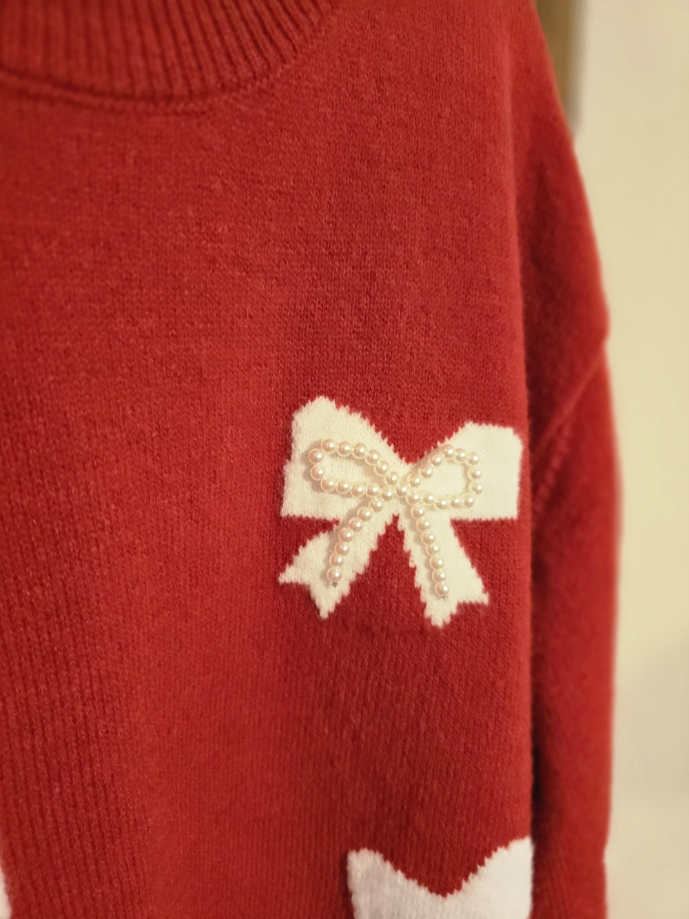 Francesca's Collections Red Crewneck Sweater with White Bow Accents - Picture 3 of 6